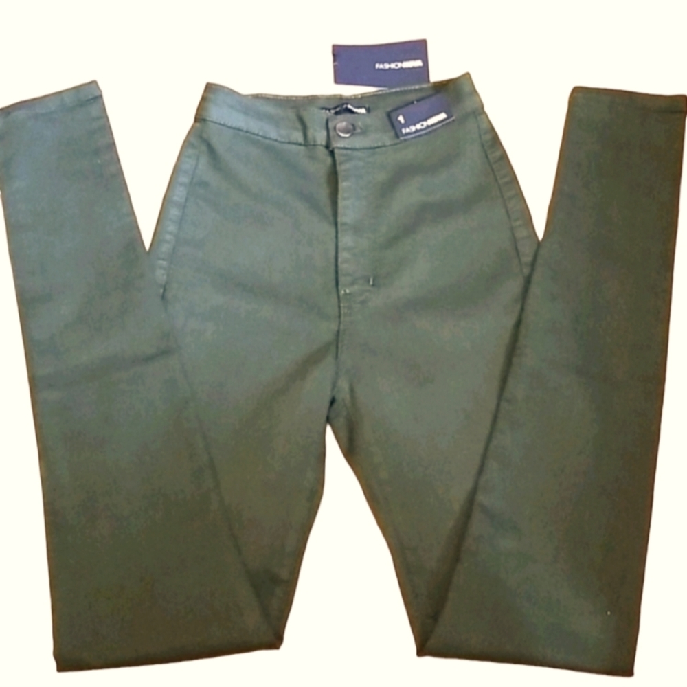 Fashion Nova super high waist denim skinnies olive size 1 NWT